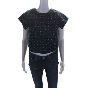 Renata Womens Textured Polka Dotted Denim Short Sleeved Zip Jacket Blue Size S